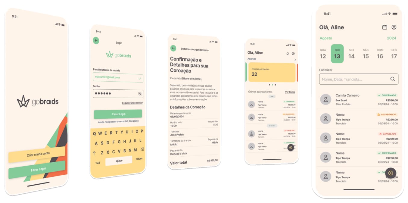 Telas da plataforma GoBraids: agenda, catálogo de serviços e financeiro